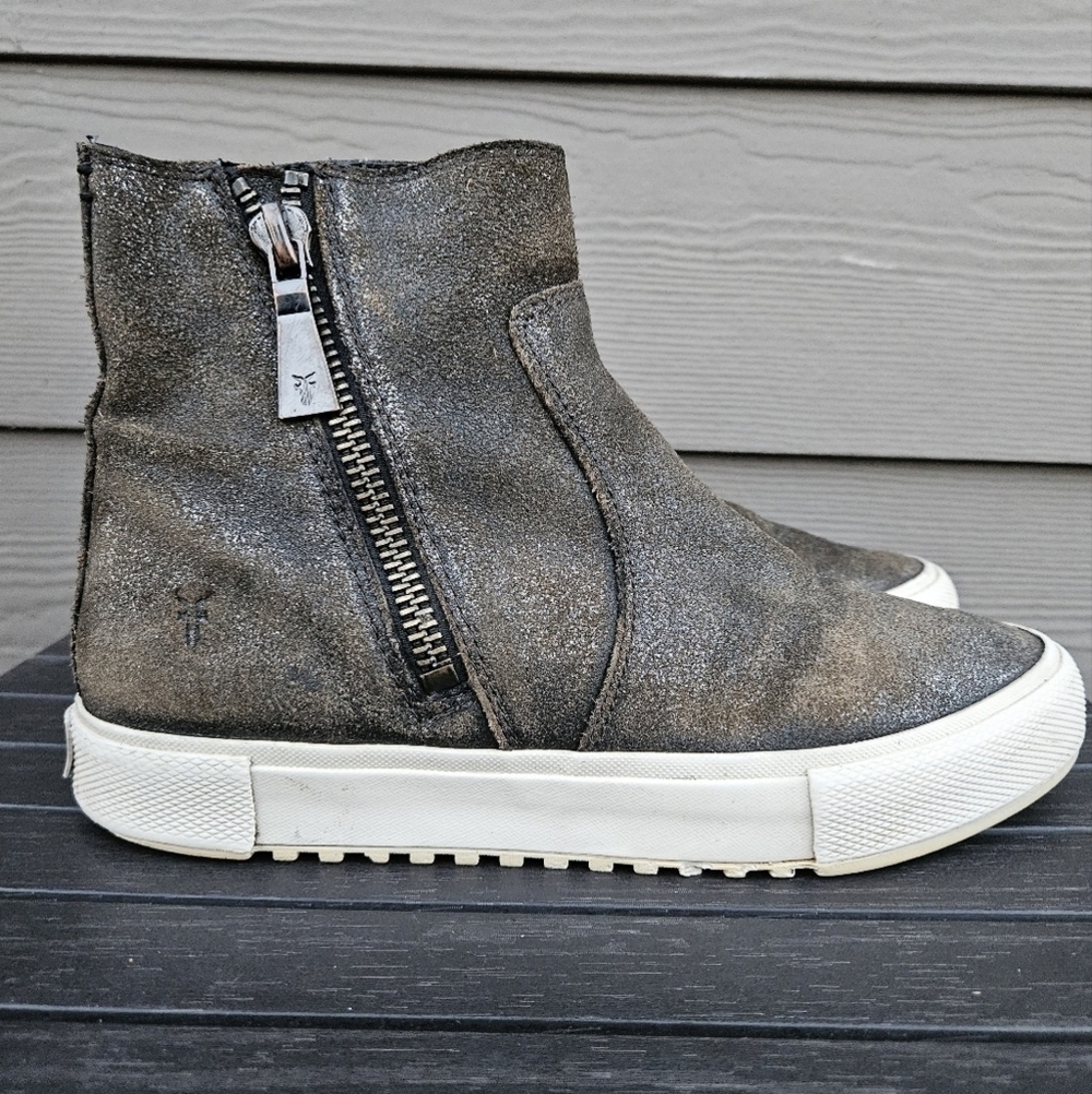 Frye Gia Side Zip Leather High Top Sneakers Silver Bronze Gold Metallic Size 8